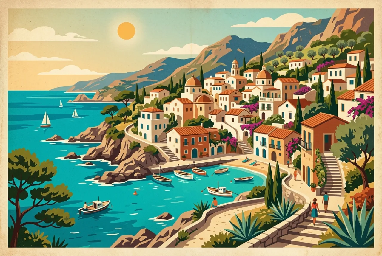 retro mid-century travel poster style illustration of a mediterranean coastal town, terracotta roofs and turquoise sea, flat colors with subtle grain texture, vintage palette, no text
