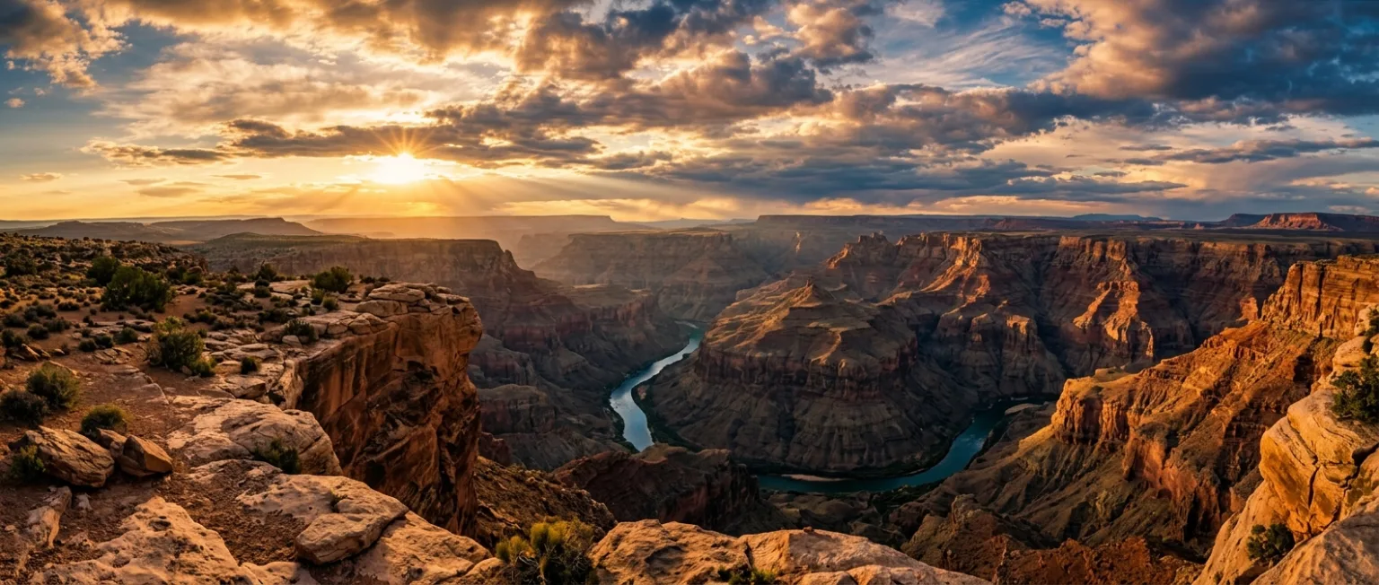breathtaking ultrawide panorama of a desert canyon at golden hour, winding river far below, dramatic god rays through clouds, cinematic photography, rich warm tones, no text
